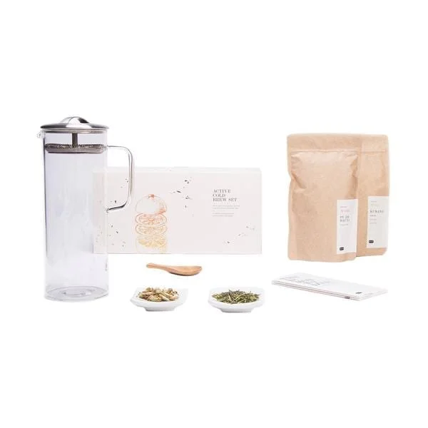 Active Cold Brew tea gift Set with a Large Glass teapot, green tea and white tea from 2 origin.