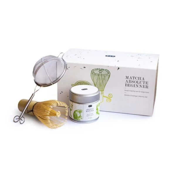 Matcha Absolute Beginner Set Small matcha set for beginners includes Tin Shinto, Chasen Bamboo Matcha Whisk, Stainless steel Matcha Strainer